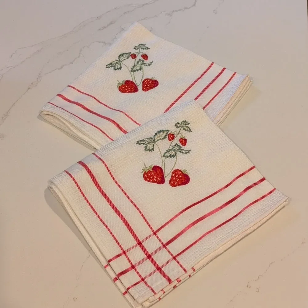 Strawberry Embroidered Cotton Kitchen Towels by Champagne & Eggs Set of 2